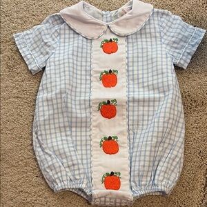 Blue Gingham Bubble with Pumpkin Embroidery